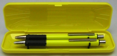 stylo bille+porte-minnes en boite plastic jaune