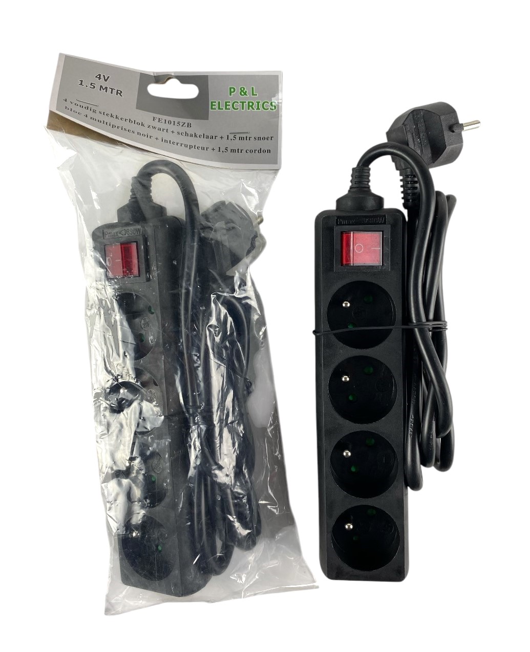 bloc 4 multiprises+interrupteur 1.5m noir