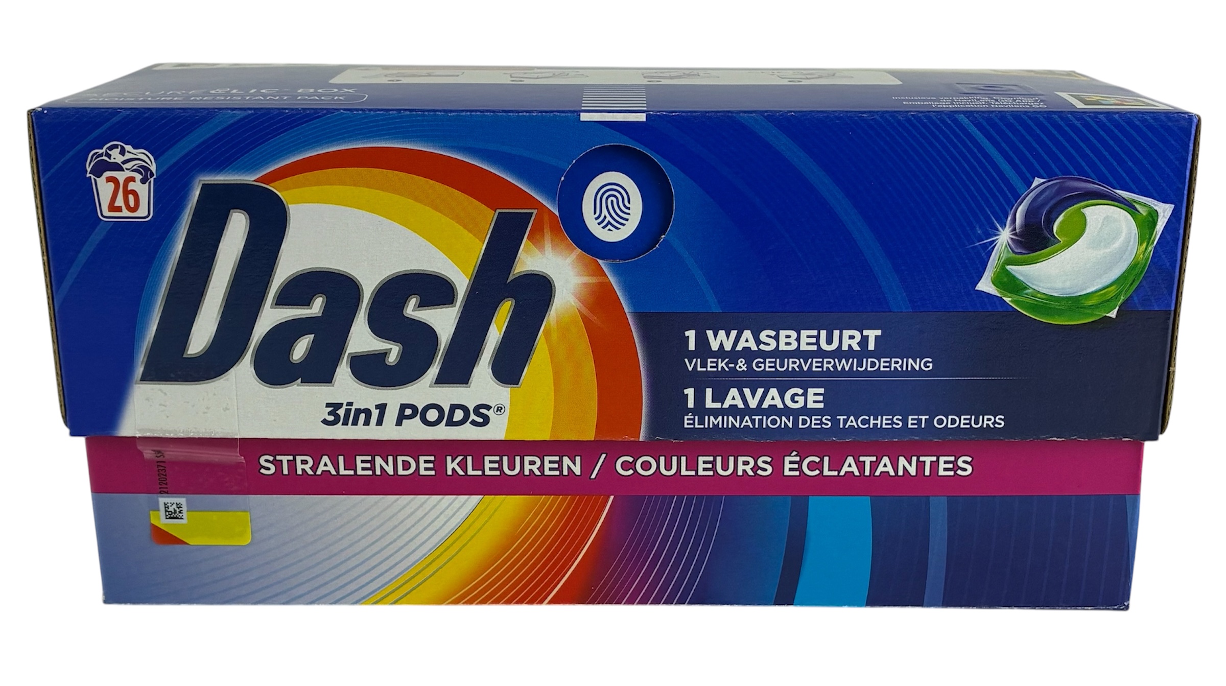 dash 3in1 pods 26sc stralende kleuren stockverkoop wasmiddelen