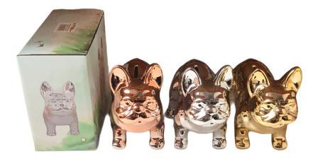 spaarpot in keramiek metallic staande bulldog 15cm