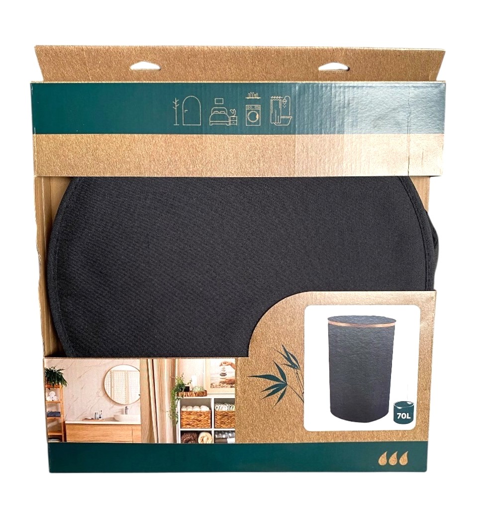 linnenmand rond met deksel bamboe zwart