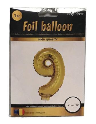 folie ballon goud 41cm m-stokje cijfer 9